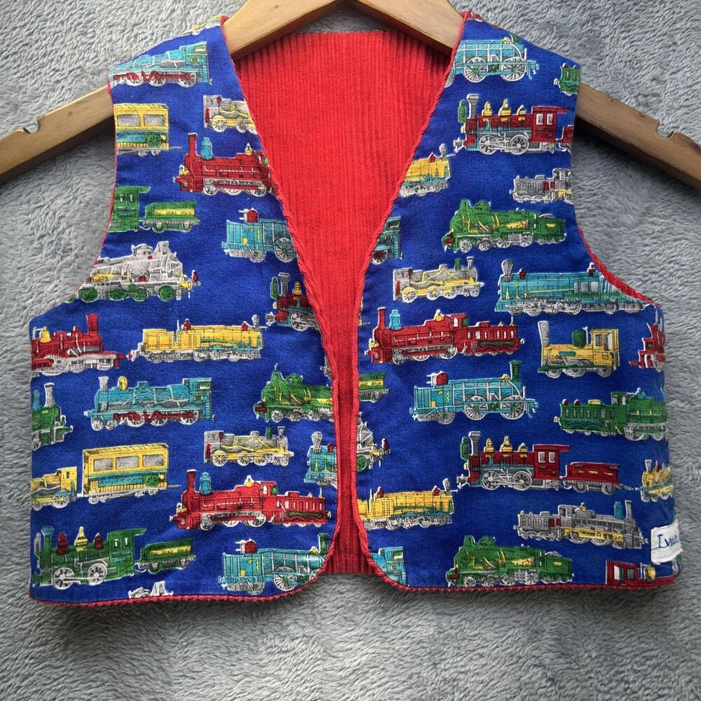 Vintage Train Vest Kids 4-5 Years Blue Locomotive Print Corduroy Train Lover VTG